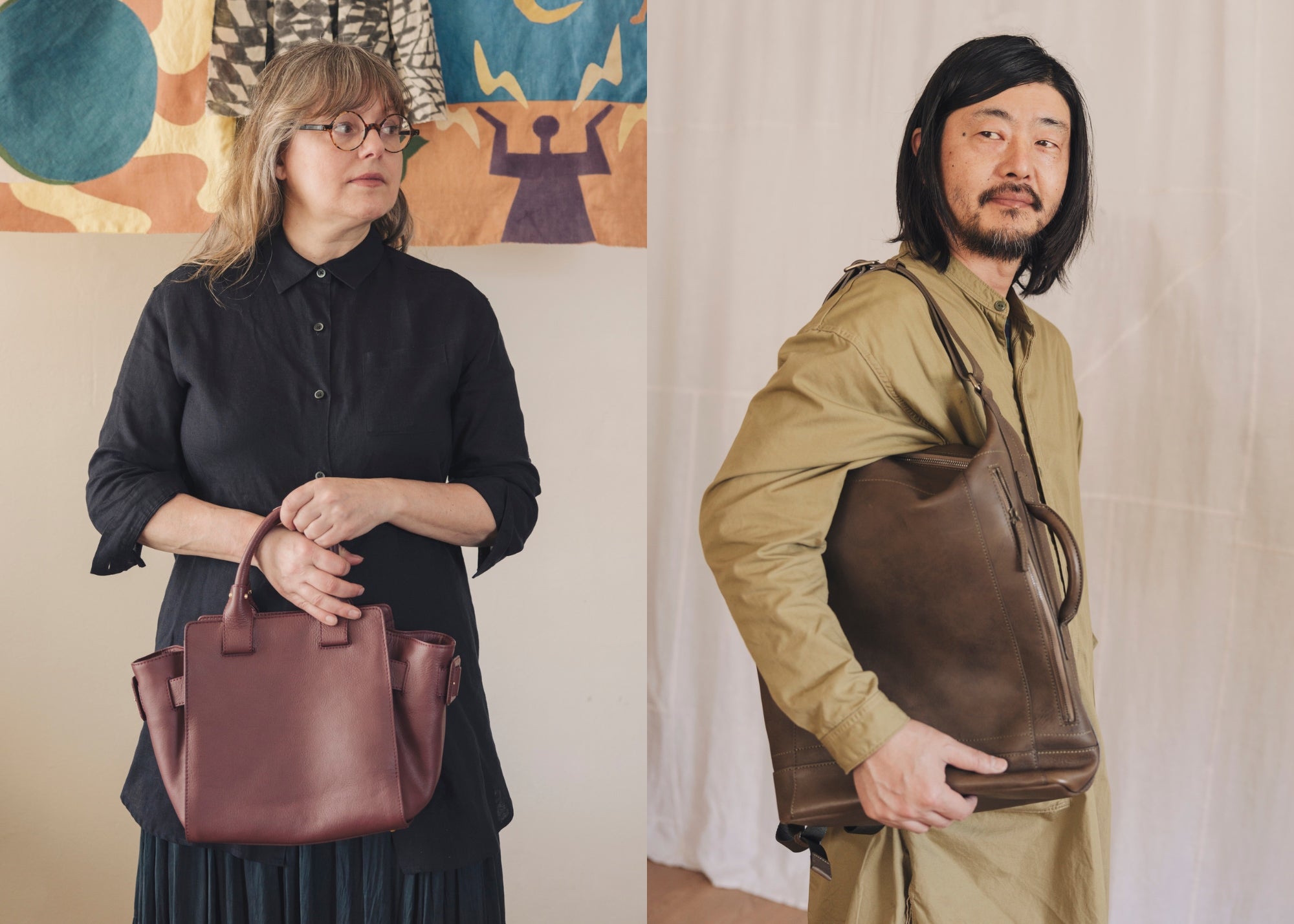 Tsuchiya Kaban’s ambassador Niki on the left holding a Tsuchiya Kaban’s Editor Bloom Tote
in Bordeaux, and Yusuke Tsukamoto on the right holding a Tsuchiya Kaban’s Roadster 3way Backpack in Vintage Olive both looking towards the viewer.
