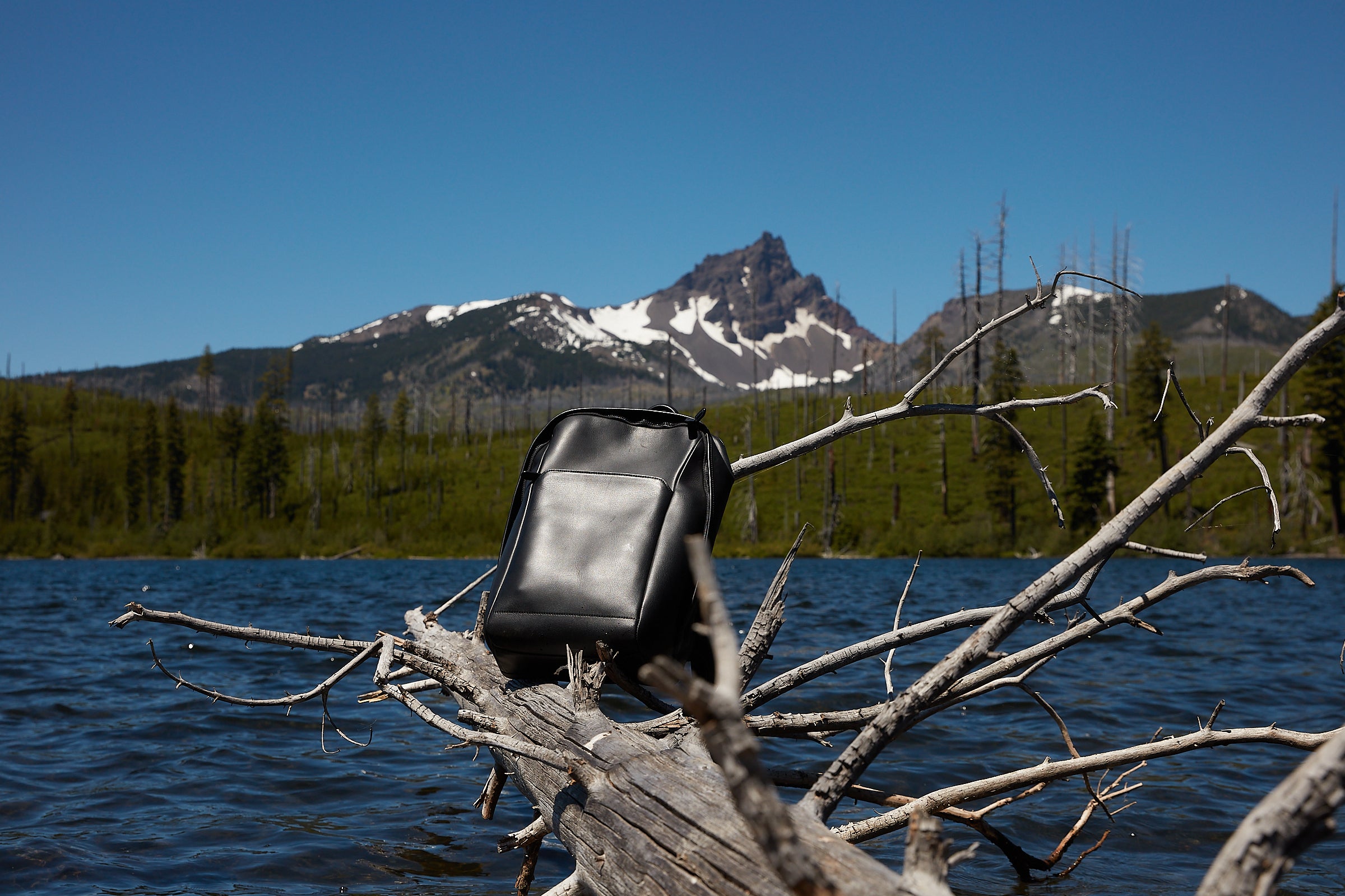 A Tsuchiya Kaban’s Vainno Round Backpack Waterproof in Black rests on a large piece of driftwood in a calm lake, with a snow-capped mountain and green forest under a clear blue sky in the background.