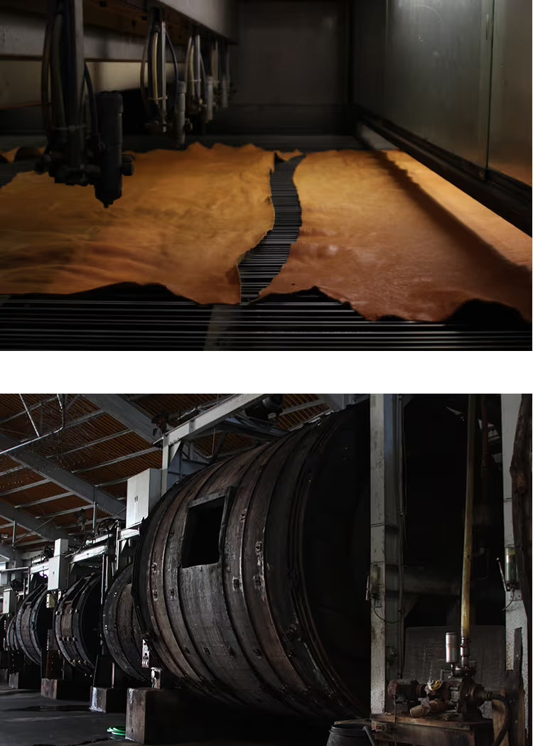 Photos of the inside of a leather tannery