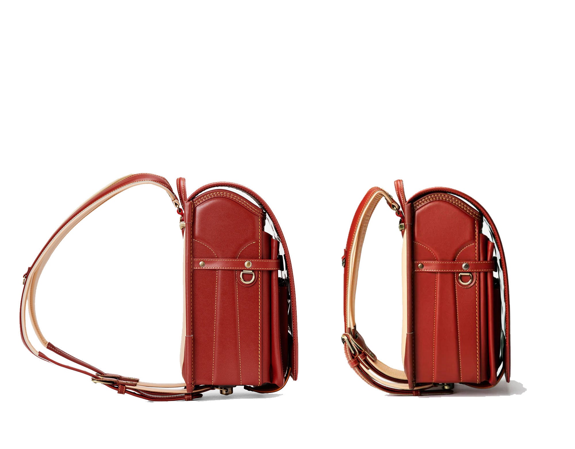 Strap length comparison image: straps laid flat horizontally — Lauderdale Randoseru (left) vs Traditional Randoseru (right)